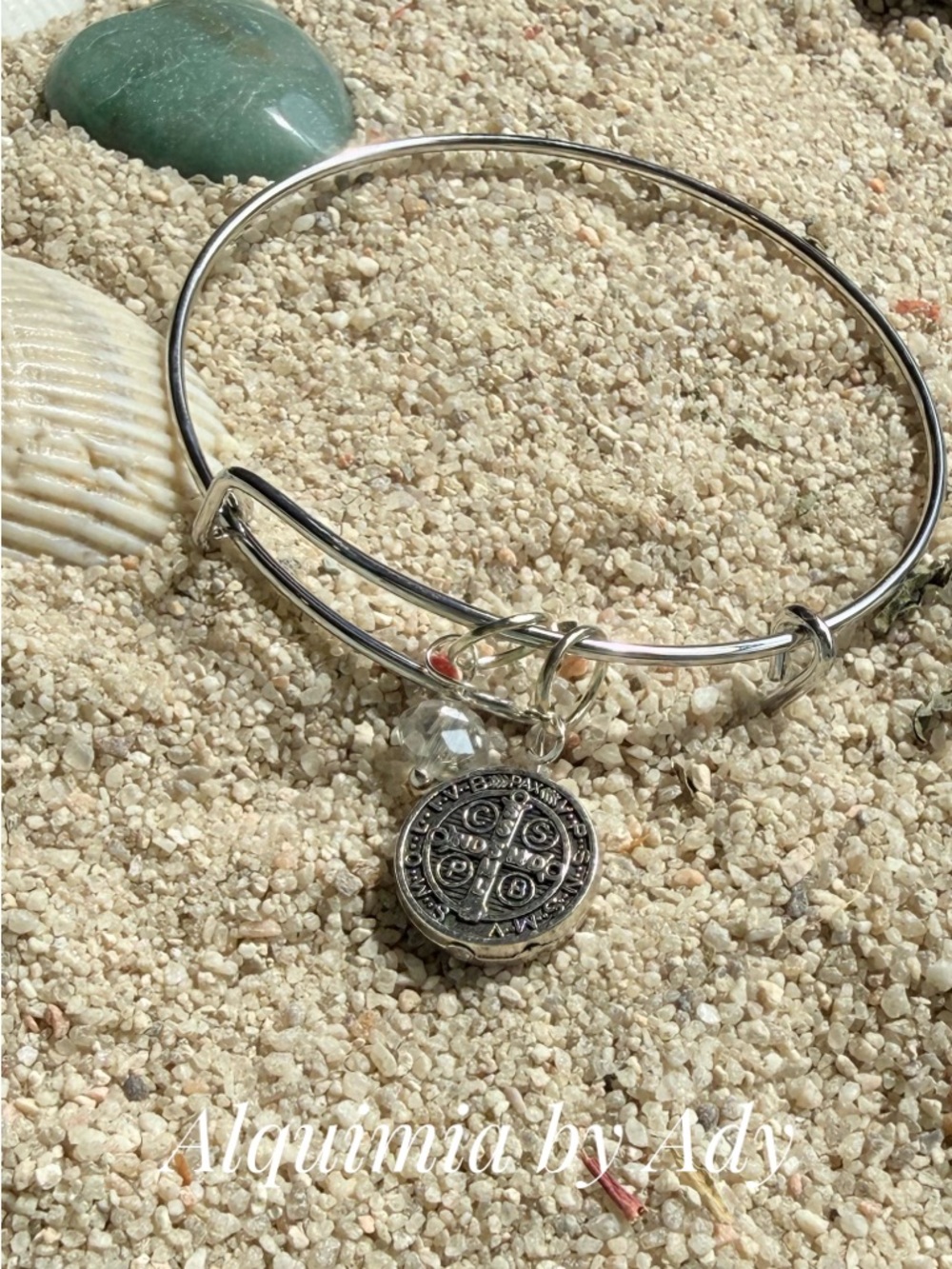 Silver-Tone Saint Medal Charm Bangle with Clear Quartz Accent